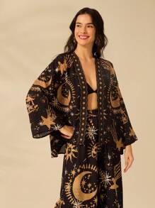 CAJUNI Women's The Sun, The Moon And The Devil's Eye Printed Casual And Boho Long Sleeve Kimono, Perfect For Holiday