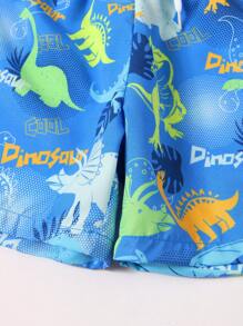 Young Boy Beach Shorts With Random Prints, Spring/Summer Boys' Swimwear, New Fashion Young Boy Beach Shorts. Adorable Colorful Dinosaur Pattern, Loose Silhouette, Comfortable To Wear. Blue Color With Elastic Adjustable Waistband, Suitable For Boys To Wear At Beach Or Pool, Also Fit For Vacation And Daily Wear - Multicolor - View 5