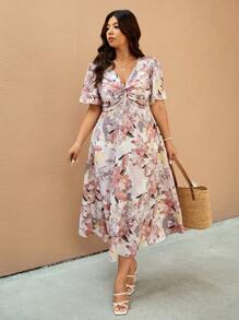 Elaquor 大码休闲度假优雅 V 领收腰连衣裙 - 粉色 - 查看 4