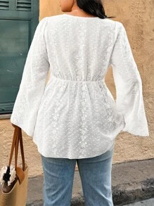 Calvaya Plus Size Casual Solid Embroidered Flare Sleeve Shirt - White - View 2