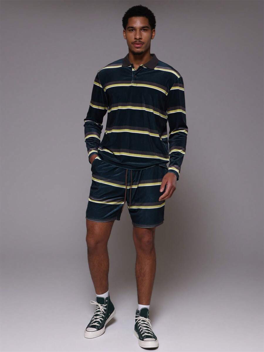 Musero Men Velour Striped Drawstring Longline Shorts Bottom Only - Multicolor - View 1