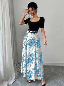 Gloray Women's Elegant Fitted Waist Tie Qipao Style Printed Short Sleeve Square Neck Knit Dress