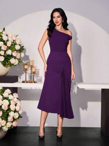 Modelyn Women's Asymmetrical Neck Splice Elegant Romantic Purple Dress, Spring/Summer - Red Violet - View 3