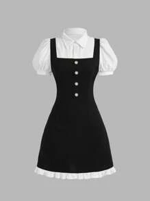 SHEIN MOD Váy đen trắng 2 trong 1 Preppy, Váy trở lại trường cho phụ nữ, Váy mùa hè, Váy dễ thương, Váy ngày lễ - màu đen - Xem 1