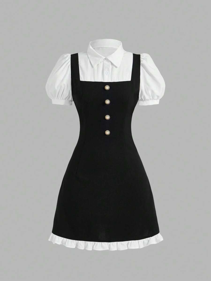 SHEIN MOD Váy đen trắng 2 trong 1 Preppy, Váy trở lại trường cho phụ nữ, Váy mùa hè, Váy dễ thương, Váy ngày lễ - màu đen - Xem 1