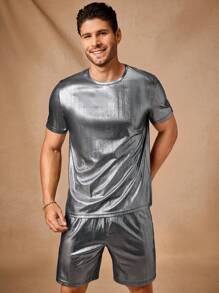 Manfinity VCAY Men's Knitted Casual Daily Loose Solid Color Short Sleeve T-Shirt And Drawstring Waist Straight Leg Shorts 2 Pieces Set