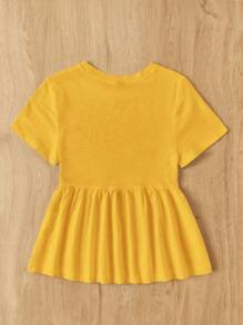 SHEIN EZwear 女士黄色针织圆领短袖荷叶边下摆休闲 T 恤 - 黃色 - 查看 2
