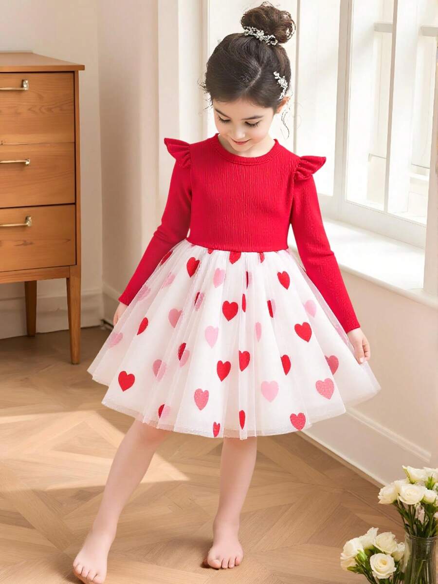 SHEIN Vestido casual diario de niña joven con escote en manga casquillo, superposición de malla, estilo minimalista de moda - Rojo - Ver 1