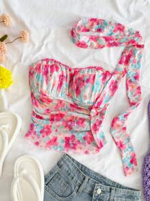 Soleia WYWH 度假针织褶饰网眼浪漫花卉领蕾丝边细肩带吊带背心上衣 - 彩色 - 查看 4