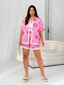 SHEIN EZwear 2pcs/Set Plus Size Pink Print Short Sleeve Shirt And Shorts - Pink - View 6