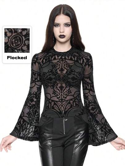 Vintage Gothic Flocked & Mesh Patchwork Cropped Top For Women, Summer