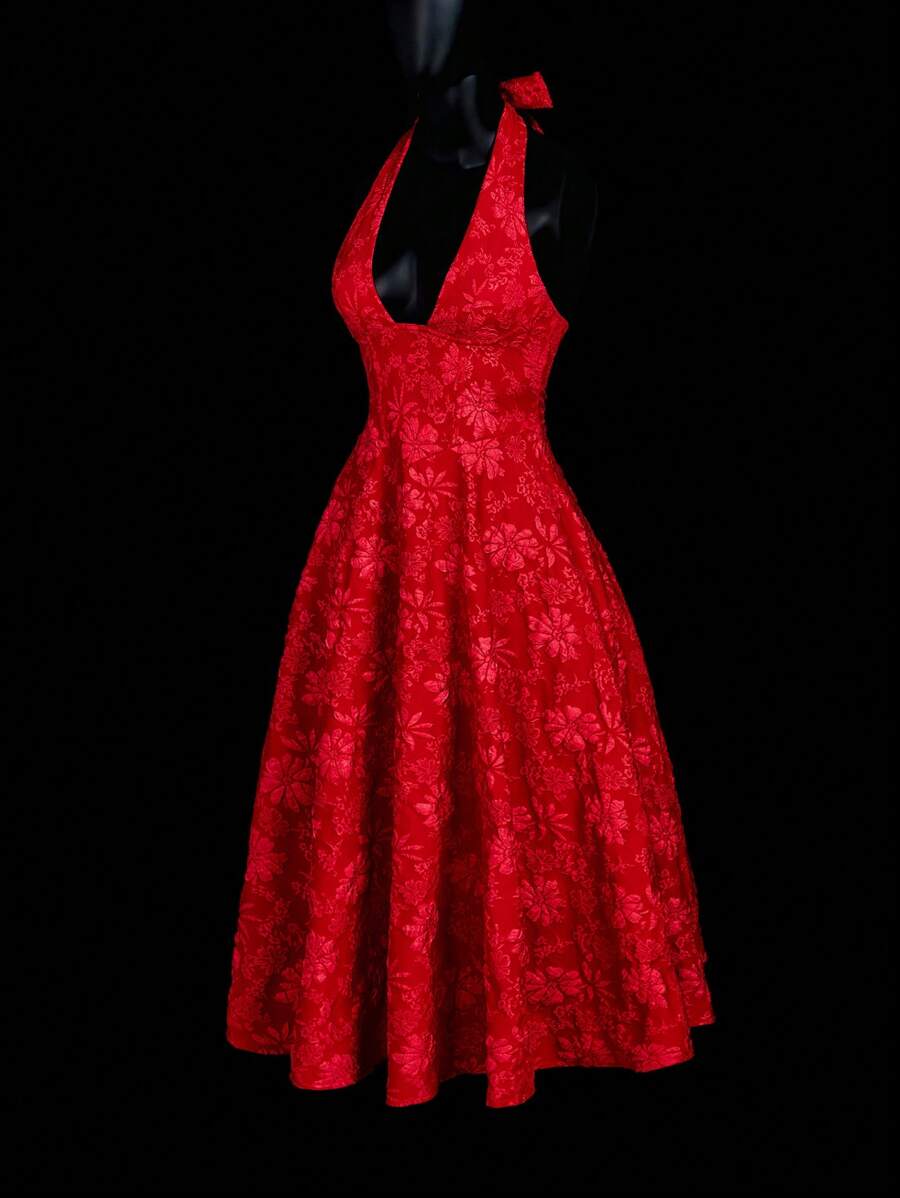 SHEIN ICON Spring Summer Outfits For Women  Modest Dresses For Women Wedding Guest Dress Women  Backless  Deep V-Neck Backless Bowknot Renaissance Style Satin Jacquard Dress - Red - View 1