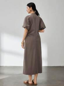 Dazy-Less 商务休闲优雅通勤修身立领高品质泡泡袖女式中长连衣裙夏季复古风格太阳裙、教师装 - 棕色 - 查看 5