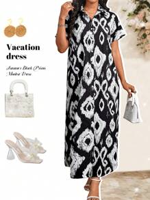 SHEIN Lady Abito modesto con stampe nere, vestiti per donna per vacanze estive, abiti estivi lunghi per donna - Bianco e nero - Visualizzare 1