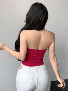 DAZY Women's Solid Color Halter Design Sleeveless Wrap Crop Top For Summer - Hot Pink - View 4