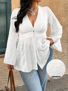 Calvaya Plus Size Casual Solid Embroidered Flare Sleeve Shirt - White - View 1