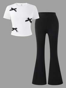 SHEIN Korean Style Bowknot Short Sleeve Top And Flared Pants Outfit, Fashion Casual Set For Teen Girls Suitable For Summer Commute, Leisure, Parties, And Elegant For Wedding Guests