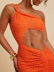 Travachic Vestido de mujer con abertura alta, escote asimétrico, cordón y diseño en unicolor, ideal para vacaciones - Vestido de mujer, conjunto de fiesta de mujer, vestido de noche de mujer, elegante, para vacaciones - Naranja - Ver 4