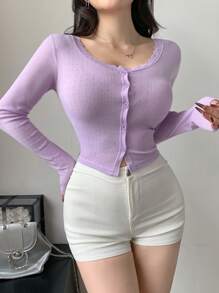 DAZY Áo len cardigan tay dài ôm vừa vặn, cổ chữ V, màu trơn, cài nút ren phía trước cho nữ - Màu tím - Xem 4