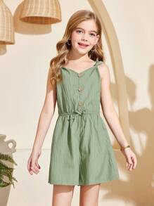 SHEIN Tween Girls Twist Vest-Style Casual Jumpsuit With Front Buttons Decorated In Woven Texture Material, Mint Green, Suitable For Spring Outings, Pastoral Style, Garden Afternoon Tea, Casual Outings, Back To School, Mommy And Me Matching Outfits