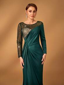 Serin Elegante y lujoso vestido sirena de manga larga con volantes en gris oscuro bordado con encaje satinado, adecuado para bodas, banquetes, fiestas, vacaciones, vestido de madre de la novia