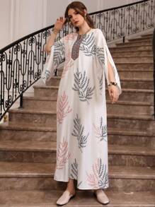 Al Najma 优雅植物印花开衩袖夏季连衣裙，朴素的长袍 - 紅色 - 查看 4