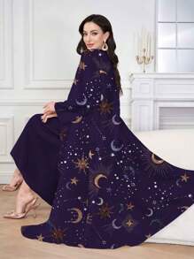 Al Najma Women Moon & Star Print Long Sleeve Open Front Arabian Abaya - Purple - View 1