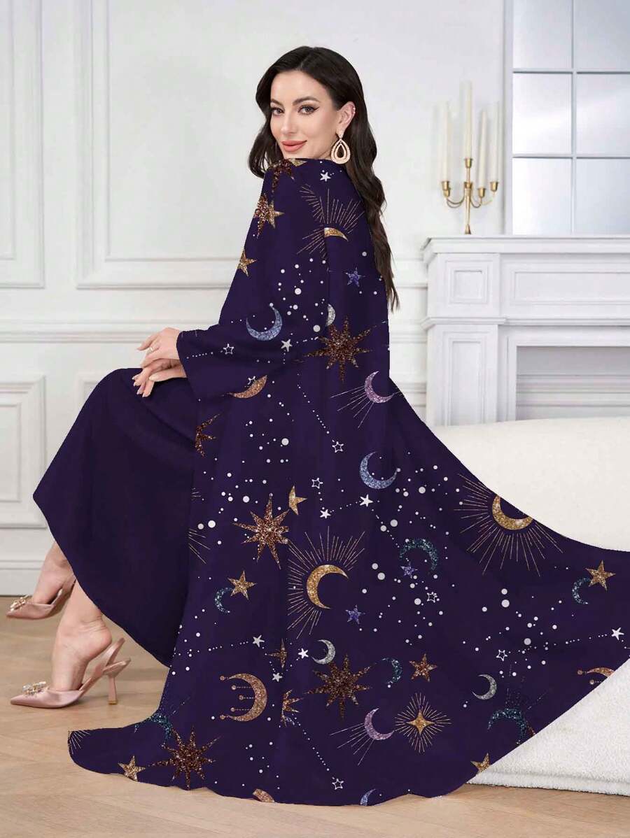 Al Najma Women Moon & Star Print Long Sleeve Open Front Arabian Abaya - Purple - View 1