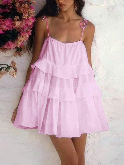 INAWLY 女士夏季优雅纯色荷叶边吊带连衣裙