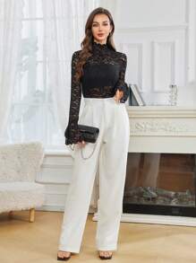 Modelyn Women's Solid Color Stand Collar Long Sleeve Lace Trim Casual Sheer Blouse