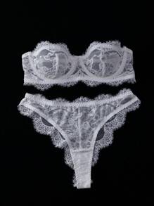 Crystal Vow 2pcs/Set Women Lace With Underwire Seamless Sexy Lingerie Bra & Panties Set - White - View 5