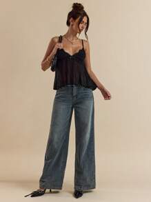 SHEIN BAE Black V-Neck Loose Women's Lace-Up Strap Chiffon Lace Camisole, Suitable For Vacation, Spring/Summer,Halloween Clothes Women ,Halloween Costume