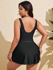 SHEIN Swim Curve Maillot de bain une pièce casual pour plage et resort, grande taille, en mousseline imprimée floral, sans manches, col en U, taille marquée, longueur au genou, avec lien latéral en forme de A - Multicolore - Voir 2