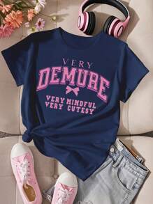 SHEIN Explorewe T-shirt avec impression de phrase anglaise dans le style collège américain décontracté pour les jeunes filles. Convient pour l'école, les sports, les déplacements, les occasions sociales, l'été