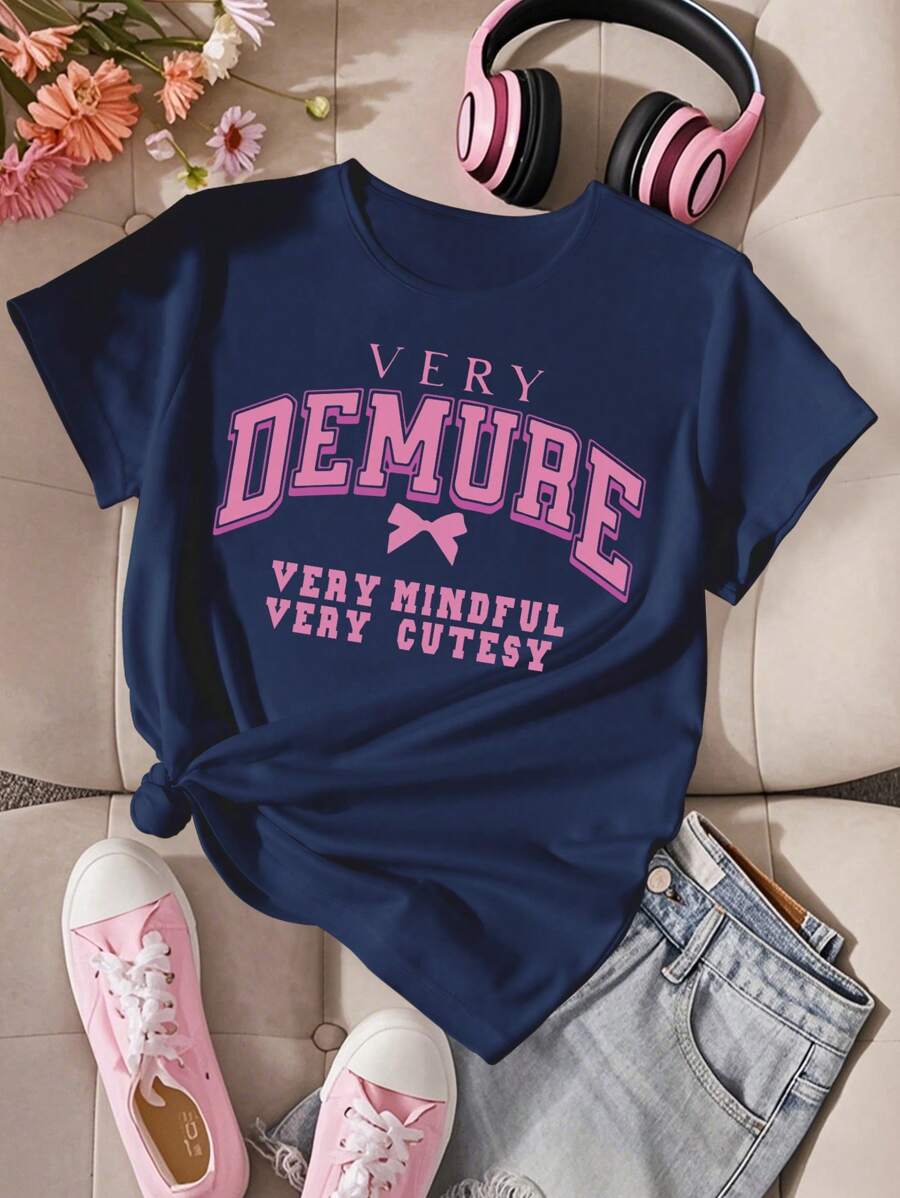 SHEIN Explorewe T-shirt avec impression de phrase anglaise dans le style collège américain décontracté pour les jeunes filles. Convient pour l'école, les sports, les déplacements, les occasions sociales, l'été