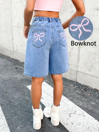 SHEIN Teen Girls Summer Boho Casual Laight Washed Loose Baggy Casual Denim Jeans Long Shorts With Bow Decoration,Girls Summer Beach Concert Rave Outfits