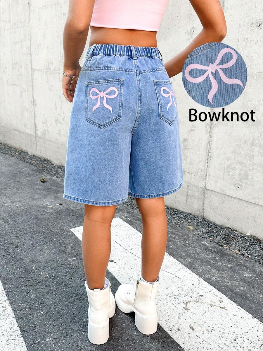 SHEIN Teen Girls Summer Boho Casual Laight Washed Loose Baggy Casual Denim Jeans Long Shorts With Bow Decoration,Girls Summer Beach Concert Rave Outfits - Light Wash - View 1