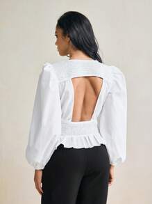 TSS Blusa de manga abullonada con volante y diseño calado tejido en blanco - Blanco - Ver 3