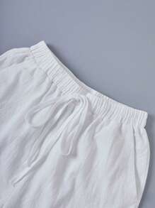 Linhara Plus Size Women's Washed Cotton Cinched Waist Sleeveless Backpack Pocket Button Decor Cropped Top