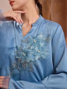 Graceveil 女士优雅阿拉伯风格花卉贴花 V 领喇叭袖连衣裙，端庄 - 藍色 - 查看 6