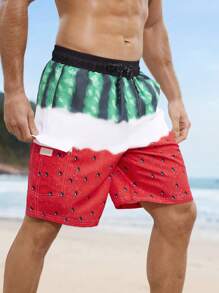 Manfinity KASUA Men's Watermelon Print Drawstring Waist Casual Beach Shorts Men Swim Trunks - Red - View 7