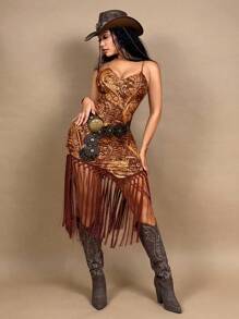 SHEIN SXY Vacation Music Festival Retro Printed Fringed Hem Backless Cami Mid-Length Dress, Women Summer Dresses,Western Wear Women,Boho,Concert Outfit Women,Rave, Festival,Grunge,Cottagecore,Rodeo Outfit,Nashville Outfits - Multicolor - View 6