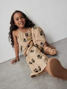Maija Kids Maija Kids Kleine Mädchen Ferien Lässig mode ärmelloses Rüschen Dekor Loose Top und gerades Bein Hosen Set, Stickerei, beige, vielseitig, Frühling/Sommer