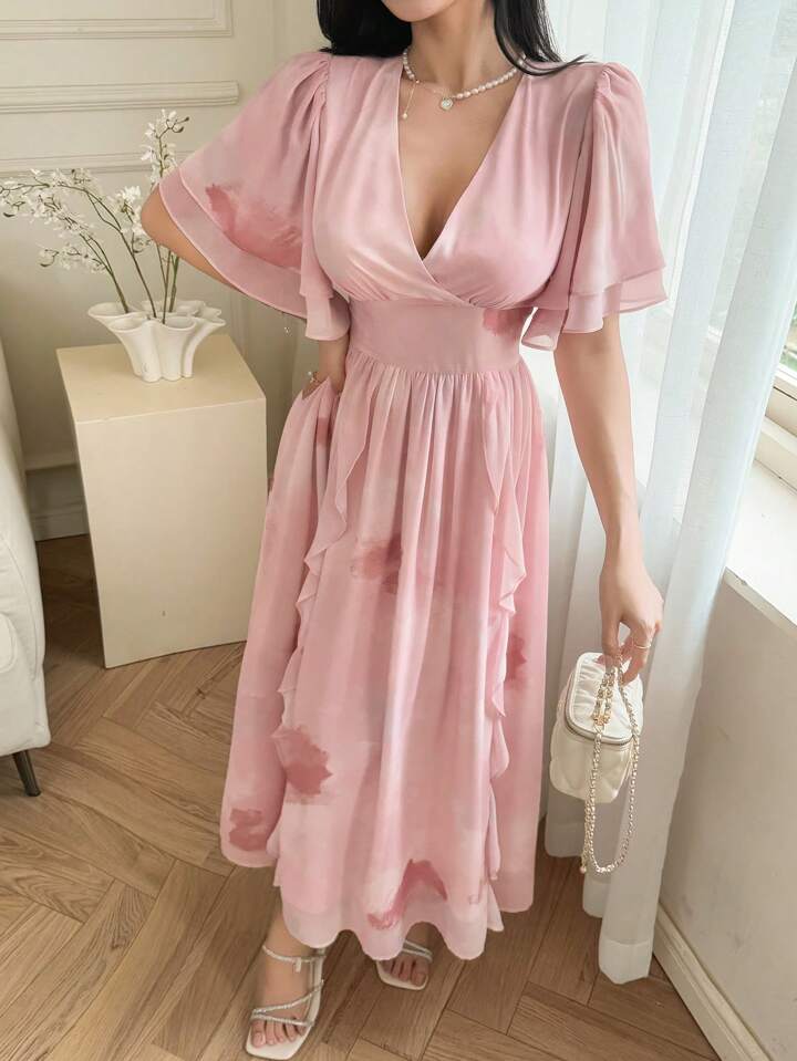 DAZY 女性のソリッドカラークロスVネックラッフルヘムミディ