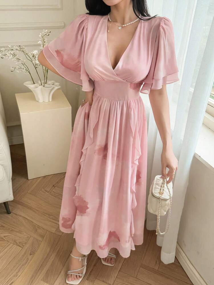 Women's Solid Color Crossed V-Neck Ruffle Hem Midi Dress Sundress