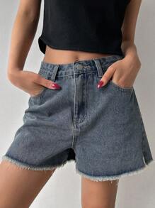 DAZY Quần short denim ống rộng rách gấu dáng casual mùa hè. - Rửa trung bình - Xem 6