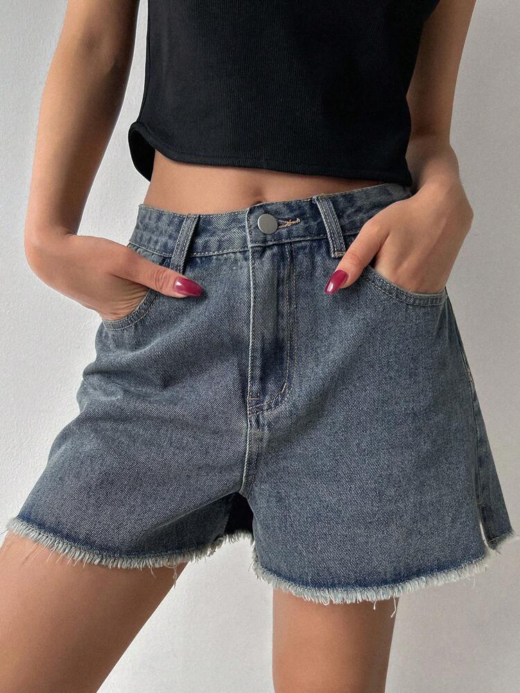 Summer Casual Frayed Wide Leg Denim Shorts Jorts