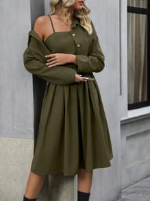 SHEIN Clasi Femme Ensemble 2 pièces style universitaire élégant : blazer à manches longues avec col et robe camisole à volants