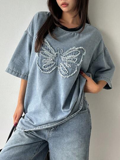 DAZY Women's Casual Contrast Color Butterfly Decor Loose Denim Short Sleeve T-Shirt Top, Summer