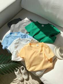 SHEIN 5pcs/Pack Summer Cute Solid Color All-Match Knit Short Sleeve T-Shirt Pack For Babies & Toddlers, Versatile